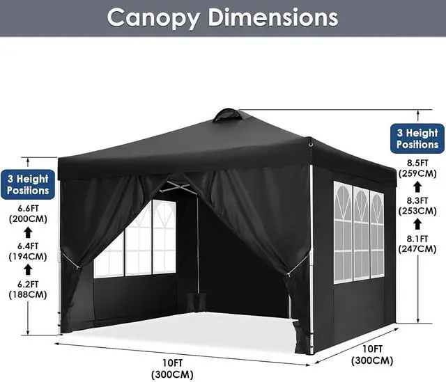 Alt view image 3 of 7 - Canopy 10x10 Pop Up Canopy Tent with 4 Sidewalls, One Push Party Tents for Parties Outdoor Wedding Waterproof Gazebo Commercial Event Tent with Sandbags, Classic Black