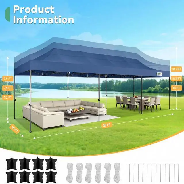 Alt view image 2 of 6 - 10x30 Heavy Duty Pop Up Canopy Tent with 8 Sidewalls Thicken Frame, Commercial Easy Up Outdoor Wedding Party Tents, All Season Waterproof Windproof with Stakes Sandbags Roller Bag, Dark Blue