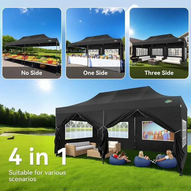 Alt view image 2 of 5 - 10x20 Heavy Duty Pop Up Canopy Tent with 6 Sidewalls Thicken Frame, Commercial Easy Up Outdoor Wedding Party Tents, All Season Waterproof Windproof with Stakes Sandbags Ropes Roller Bag, Black