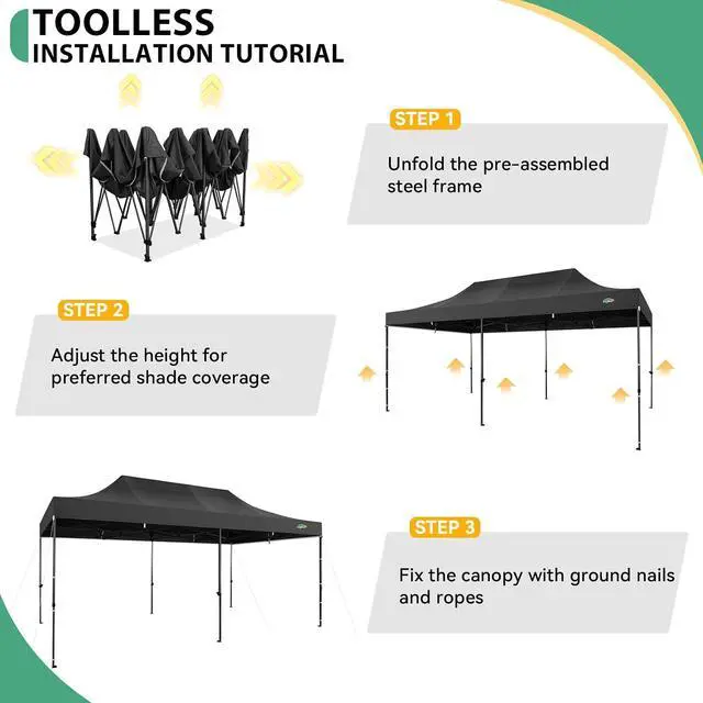 Alt view image 5 of 5 - 10x20 Heavy Duty Pop Up Canopy Tent with 6 Sidewalls Thicken Frame, Commercial Easy Up Outdoor Wedding Party Tents, All Season Waterproof Windproof with Stakes Sandbags Ropes Roller Bag, Black