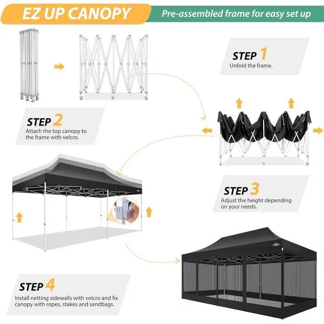 Alt view image 4 of 7 - 10x20 Heavy Duty Pop up Canopy with 6 Sidewalls, Canopy Tent with Mosquito Netting, Easy up Screen Party Tent for Parties Wedding Outdoor Patio Commercial Gazebo with Roller Bag, Black