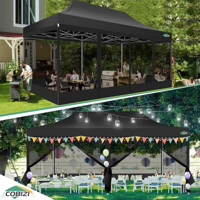 Alt view image 3 of 7 - 10x20 Heavy Duty Pop up Canopy with 6 Sidewalls, Canopy Tent with Mosquito Netting, Easy up Screen Party Tent for Parties Wedding Outdoor Patio Commercial Gazebo with Roller Bag, Black