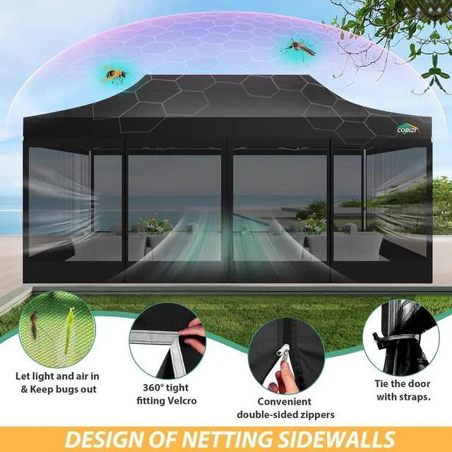 Alt view image 5 of 7 - 10x20 Heavy Duty Pop up Canopy with 6 Sidewalls, Canopy Tent with Mosquito Netting, Easy up Screen Party Tent for Parties Wedding Outdoor Patio Commercial Gazebo with Roller Bag, Black