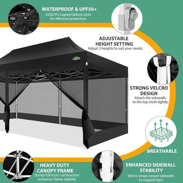 Alt view image 7 of 7 - 10x20 Heavy Duty Pop up Canopy with 6 Sidewalls, Canopy Tent with Mosquito Netting, Easy up Screen Party Tent for Parties Wedding Outdoor Patio Commercial Gazebo with Roller Bag, Black