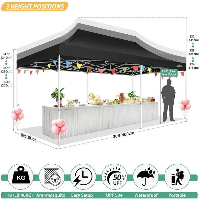 Alt view image 2 of 7 - 10x20 Heavy Duty Pop up Canopy with 6 Sidewalls, Canopy Tent with Mosquito Netting, Easy up Screen Party Tent for Parties Wedding Outdoor Patio Commercial Gazebo with Roller Bag, Black
