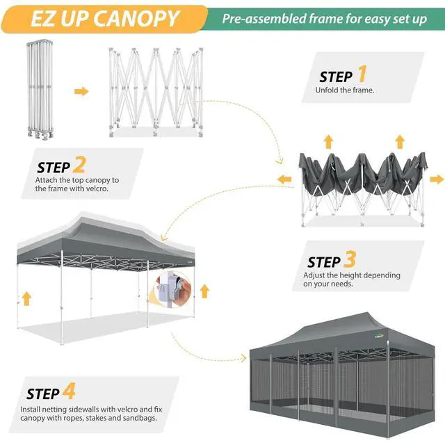 Alt view image 3 of 7 - 10x20 Canopy Tent with 6 Sidewalls,Heavy Duty Pop up Canopy with Mosquito Netting,Easy up Screen Tent for Parties Wedding Outdoor Patio with Roller Bag,Gray