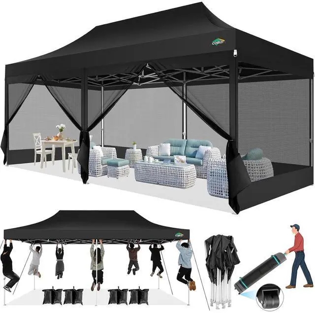 Main image of 10x20 Heavy Duty Pop up Canopy with 6 Sidewalls, Canopy Tent with Mosquito Netting, Easy up Screen Party Tent for Parties Wedding Outdoor Patio Commercial Gazebo with Roller Bag, Black
