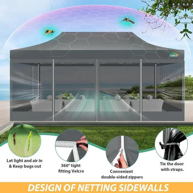 Alt view image 6 of 7 - 10x20 Canopy Tent with 6 Sidewalls,Heavy Duty Pop up Canopy with Mosquito Netting,Easy up Screen Tent for Parties Wedding Outdoor Patio with Roller Bag,Gray