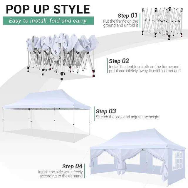 Alt view image 3 of 7 - 10x20 Pop Up Canopy with 6 Sidewalls - Waterproof Commercial Tent, UV 50+ Protection, Easy Setup Outdoor Gazebo for Parties, Events & Garden with Sandbags, Swan White