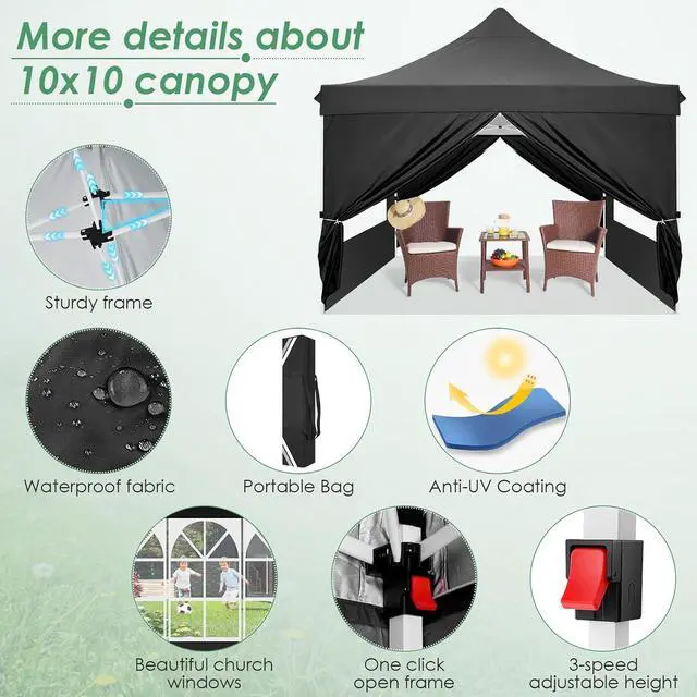 Alt view image 2 of 7 - Canopy 10x10 Pop Up Canopy Tent with 4 Sidewalls, Commercial Party Tent Ez Waterproof Outdoor Instant Gazebo UV 50+ Event Shelter, Garden Tents for Parties Camping with Sandbags, Black