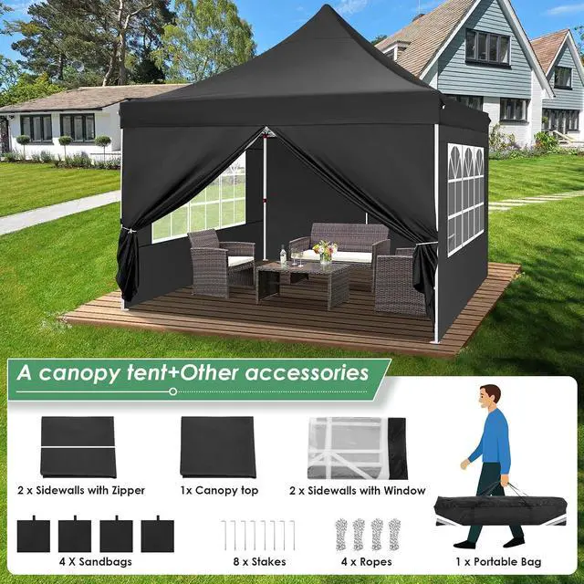 Alt view image 7 of 7 - Canopy 10x10 Pop Up Canopy Tent with 4 Sidewalls, Commercial Party Tent Ez Waterproof Outdoor Instant Gazebo UV 50+ Event Shelter, Garden Tents for Parties Camping with Sandbags, Black