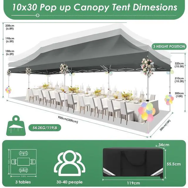 Alt view image 3 of 7 - Canopy Tent 10x30 Pop Up Canopy with 8 Removable Sidewalls Party Tents for Parties Wedding Patio Commercial Waterproof and UV50+ Ez Outdoor Instant Gazebo with Roller Bag & 4 SandbagsGrey