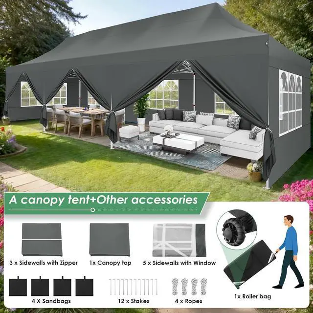 Alt view image 4 of 7 - Canopy Tent 10x30 Pop Up Canopy with 8 Removable Sidewalls Party Tents for Parties Wedding Patio Commercial Waterproof and UV50+ Ez Outdoor Instant Gazebo with Roller Bag & 4 SandbagsGrey