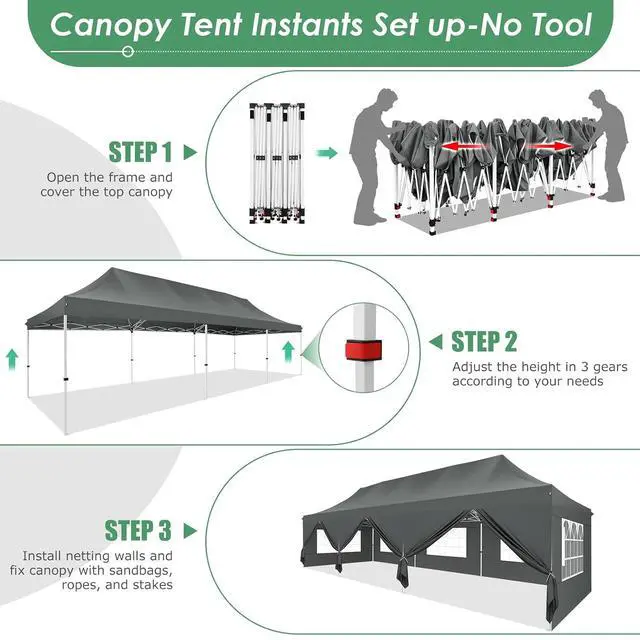 Alt view image 5 of 7 - Canopy Tent 10x30 Pop Up Canopy with 8 Removable Sidewalls Party Tents for Parties Wedding Patio Commercial Waterproof and UV50+ Ez Outdoor Instant Gazebo with Roller Bag & 4 SandbagsGrey