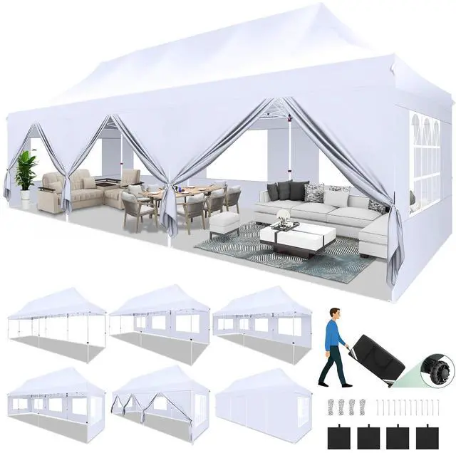 Main image of 10x30 Pop Up Canopy with 8 Removable Sidewalls Party Tents for Parties Wedding Patio Commercial Waterproof and UV50+ Ez Outdoor Instant Gazebo with Roller Bag & 4 SandbagsSwan White