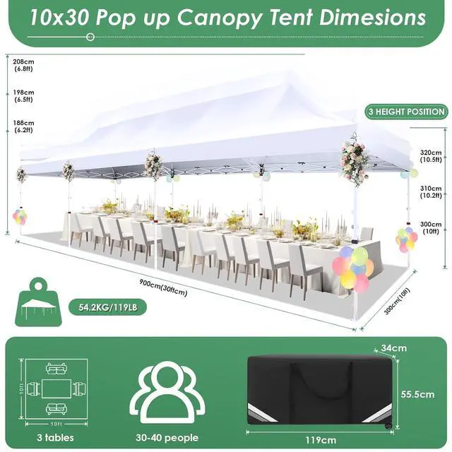 Alt view image 3 of 7 - 10x30 Pop Up Canopy with 8 Removable Sidewalls Party Tents for Parties Wedding Patio Commercial Waterproof and UV50+ Ez Outdoor Instant Gazebo with Roller Bag & 4 SandbagsSwan White
