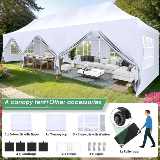Alt view image 4 of 7 - 10x30 Pop Up Canopy with 8 Removable Sidewalls Party Tents for Parties Wedding Patio Commercial Waterproof and UV50+ Ez Outdoor Instant Gazebo with Roller Bag & 4 SandbagsSwan White