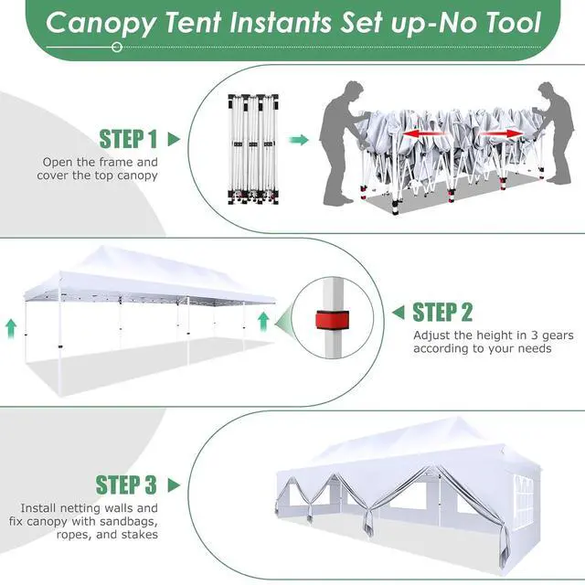 Alt view image 5 of 7 - 10x30 Pop Up Canopy with 8 Removable Sidewalls Party Tents for Parties Wedding Patio Commercial Waterproof and UV50+ Ez Outdoor Instant Gazebo with Roller Bag & 4 SandbagsSwan White