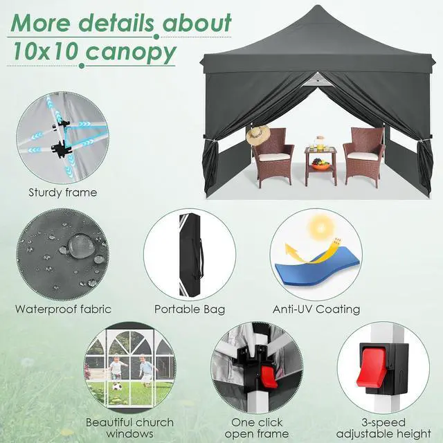 Alt view image 3 of 7 - 10x10 Pop Up Canopy with 4 Removable Sidewalls, Easy Set Up Canopy Tent, Waterproof Instant Party Tents for Weddings & Parties, UPF 50+ UV Protection, 3-Height Adjustable Frame,Grey