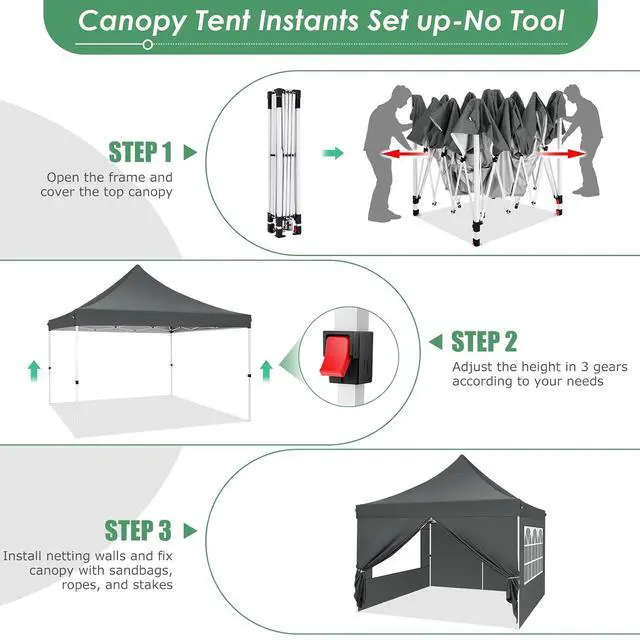 Alt view image 4 of 7 - 10x10 Pop Up Canopy with 4 Removable Sidewalls, Easy Set Up Canopy Tent, Waterproof Instant Party Tents for Weddings & Parties, UPF 50+ UV Protection, 3-Height Adjustable Frame,Grey