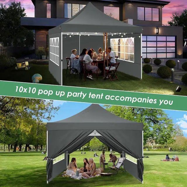 Alt view image 7 of 7 - 10x10 Pop Up Canopy with 4 Removable Sidewalls, Easy Set Up Canopy Tent, Waterproof Instant Party Tents for Weddings & Parties, UPF 50+ UV Protection, 3-Height Adjustable Frame,Grey