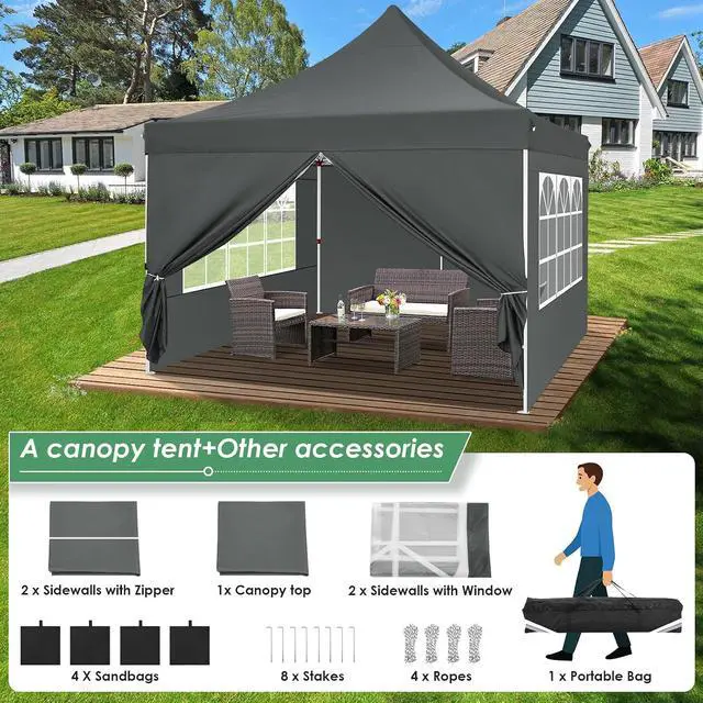 Alt view image 6 of 7 - 10x10 Pop Up Canopy with 4 Removable Sidewalls, Easy Set Up Canopy Tent, Waterproof Instant Party Tents for Weddings & Parties, UPF 50+ UV Protection, 3-Height Adjustable Frame,Grey