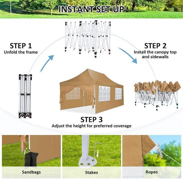 Alt view image 3 of 7 - Canopy 10x20 Pop Up Canopy Tent with 6 Sidewalls, Waterproof Commercial Canopy Ez Outdoor Instant Gazebo Easy to Set up Event Shelter, Garden Tents for Parties with Sandbags, Khaki