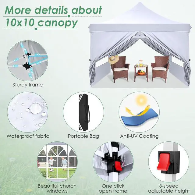 Alt view image 3 of 7 - Canopy 10x10 Pop Up Canopy Tent with 4 Sidewalls, Commercial Party Tent Ez Waterproof Outdoor Instant Gazebo UV 50+ Event Shelter, Garden Tents for Parties Camping with Sandbags, White