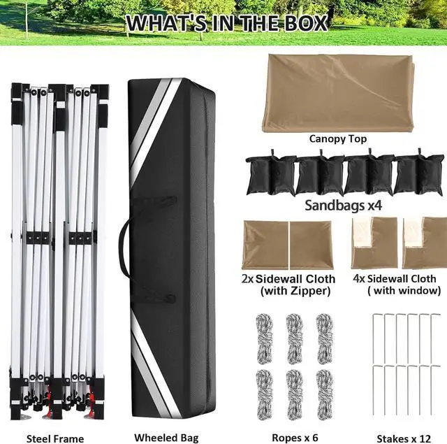 Alt view image 7 of 7 - Canopy 10x20 Pop Up Canopy Tent with 6 Sidewalls, Waterproof Commercial Canopy Ez Outdoor Instant Gazebo Easy to Set up Event Shelter, Garden Tents for Parties with Sandbags, Khaki