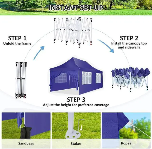 Alt view image 3 of 7 - Canopy 10x20 Pop Up Canopy Tent with Sidewalls, Waterproof Commercial Canopy Ez Outdoor Instant Gazebo UV Protection 50+ Event Shelter, Garden Tents for Parties with Sandbags, Navy Blue