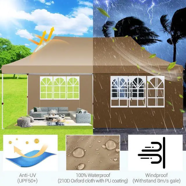 Alt view image 6 of 7 - Canopy 10x20 Pop Up Canopy Tent with 6 Sidewalls, Waterproof Commercial Canopy Ez Outdoor Instant Gazebo Easy to Set up Event Shelter, Garden Tents for Parties with Sandbags, Khaki