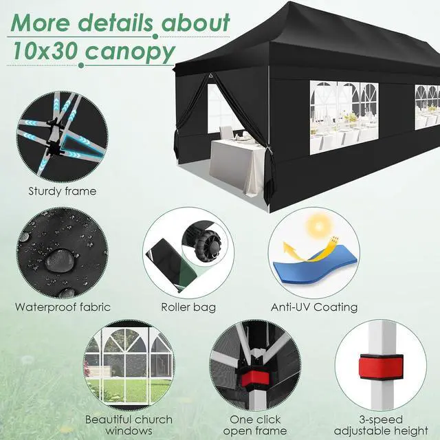 Alt view image 4 of 7 - Canopy Tent 10x30 Pop Up Canopy with 8 Removable Sidewalls Party Tents for Parties Wedding Patio Commercial Waterproof and UV50+ Ez Outdoor Instant Gazebo with Roller Bag & 4 SandbagsBlack