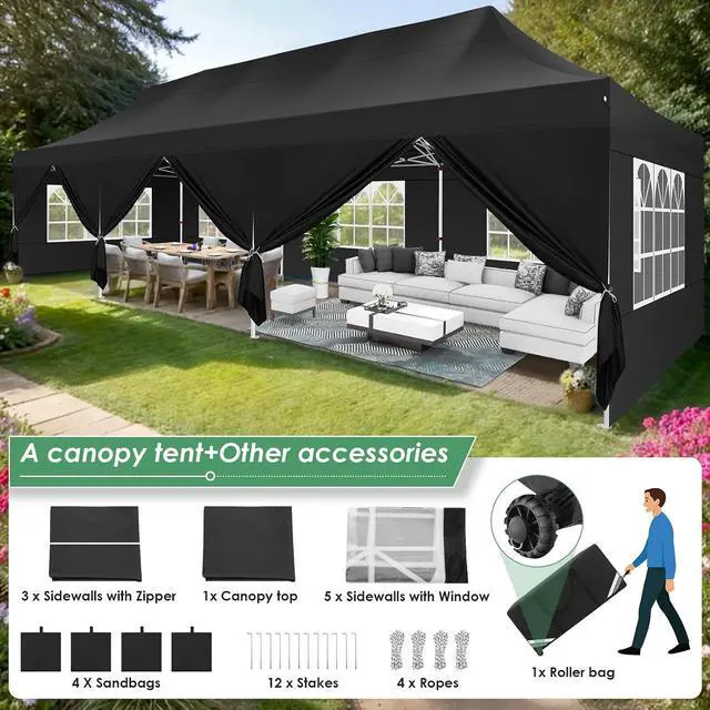 Alt view image 2 of 7 - Canopy Tent 10x30 Pop Up Canopy with 8 Removable Sidewalls Party Tents for Parties Wedding Patio Commercial Waterproof and UV50+ Ez Outdoor Instant Gazebo with Roller Bag & 4 SandbagsBlack