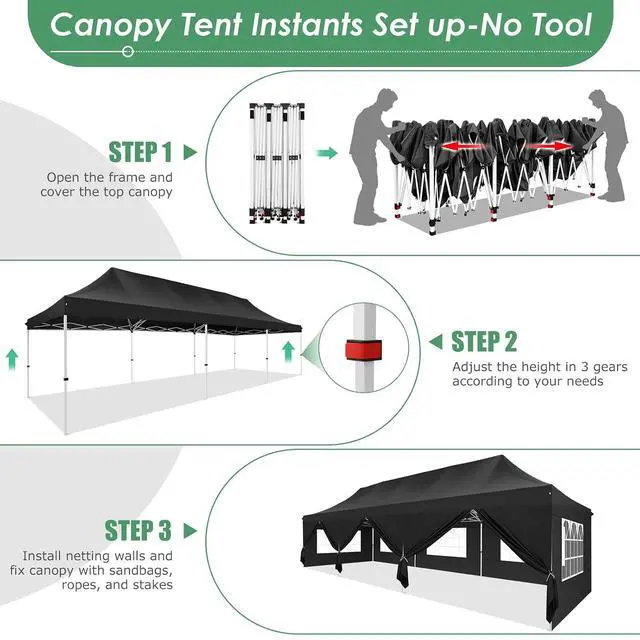 Alt view image 3 of 7 - Canopy Tent 10x30 Pop Up Canopy with 8 Removable Sidewalls Party Tents for Parties Wedding Patio Commercial Waterproof and UV50+ Ez Outdoor Instant Gazebo with Roller Bag & 4 SandbagsBlack