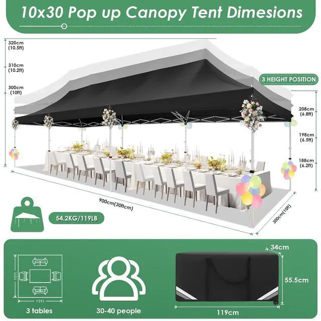 Alt view image 6 of 7 - Canopy Tent 10x30 Pop Up Canopy with 8 Removable Sidewalls Party Tents for Parties Wedding Patio Commercial Waterproof and UV50+ Ez Outdoor Instant Gazebo with Roller Bag & 4 SandbagsBlack
