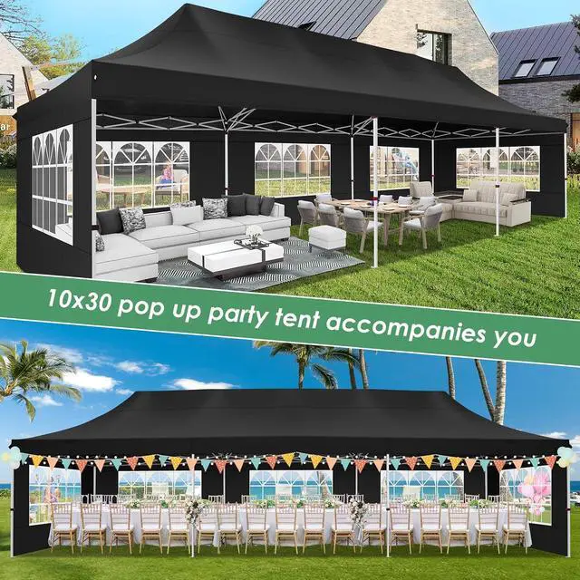 Alt view image 7 of 7 - Canopy Tent 10x30 Pop Up Canopy with 8 Removable Sidewalls Party Tents for Parties Wedding Patio Commercial Waterproof and UV50+ Ez Outdoor Instant Gazebo with Roller Bag & 4 SandbagsBlack