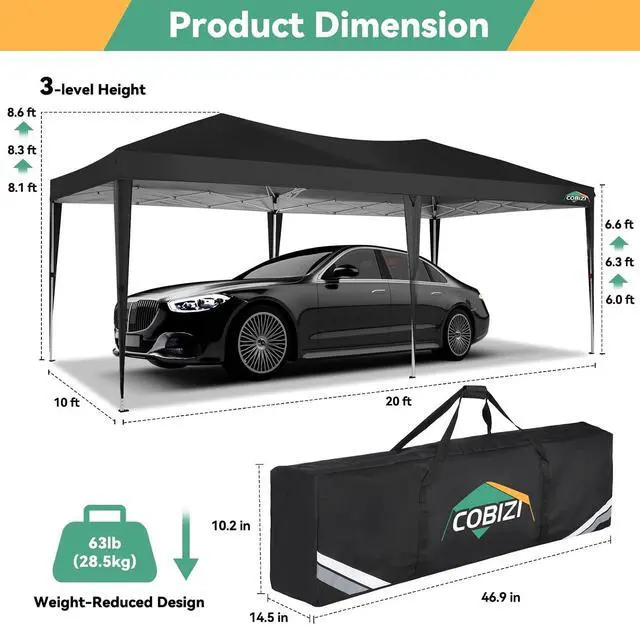 Alt view image 2 of 7 - 10x20 Canopy Tents for Parties 10x20ft Easy Setup Pop up Tents with Sidewalls & One Push Lock Waterproof Outdoor Large Shelter Party Tent for Wedding Car Port Events Patio Gazebo(Black)