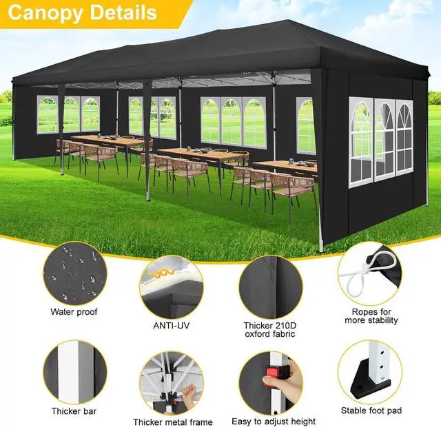 Alt view image 3 of 7 - Canopy 10x30 Pop Up Canopy Tent with 8 Sidewalls Party Tents for Parties Wedding Backyard Waterproof Outdoor Commercial Event Tent with Stakes, Ropes, Sandbags, Black
