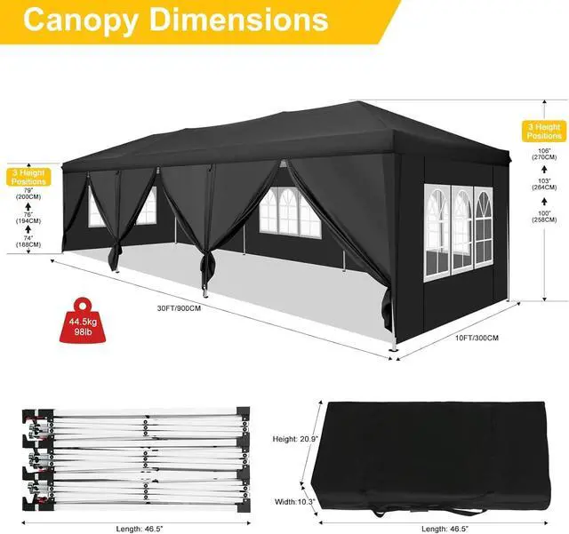Alt view image 2 of 7 - Canopy 10x30 Pop Up Canopy Tent with 8 Sidewalls Party Tents for Parties Wedding Backyard Waterproof Outdoor Commercial Event Tent with Stakes, Ropes, Sandbags, Black