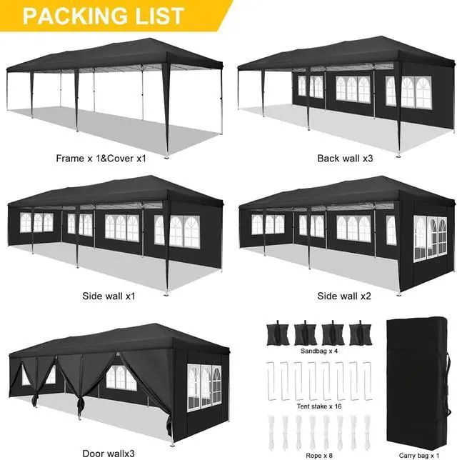 Alt view image 7 of 7 - Canopy 10x30 Pop Up Canopy Tent with 8 Sidewalls Party Tents for Parties Wedding Backyard Waterproof Outdoor Commercial Event Tent with Stakes, Ropes, Sandbags, Black