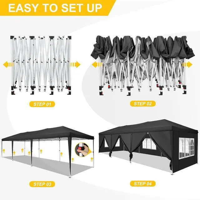 Alt view image 6 of 7 - Canopy 10x30 Pop Up Canopy Tent with 8 Sidewalls Party Tents for Parties Wedding Backyard Waterproof Outdoor Commercial Event Tent with Stakes, Ropes, Sandbags, Black