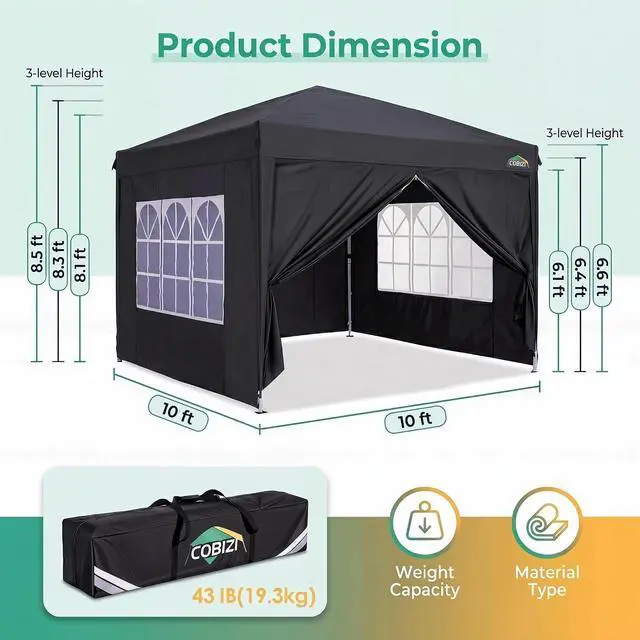 Alt view image 2 of 7 - 10x10 Pop up Canopy Tent, 10 by 10 Easy Setup Pop up Gazebo with 4 Sidewalls & Center Lock, Small Portable Instant Waterproof Outdoor Tent Canopy for Patio Backyard Vendor Event Sports (Black)