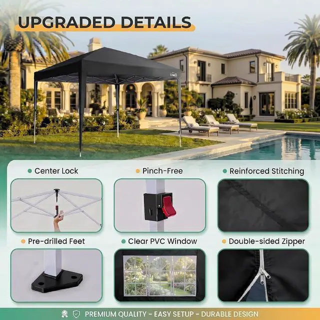 Alt view image 6 of 7 - 10x10 Pop up Canopy Tent, 10 by 10 Easy Setup Pop up Gazebo with 4 Sidewalls & Center Lock, Small Portable Instant Waterproof Outdoor Tent Canopy for Patio Backyard Vendor Event Sports (Black)