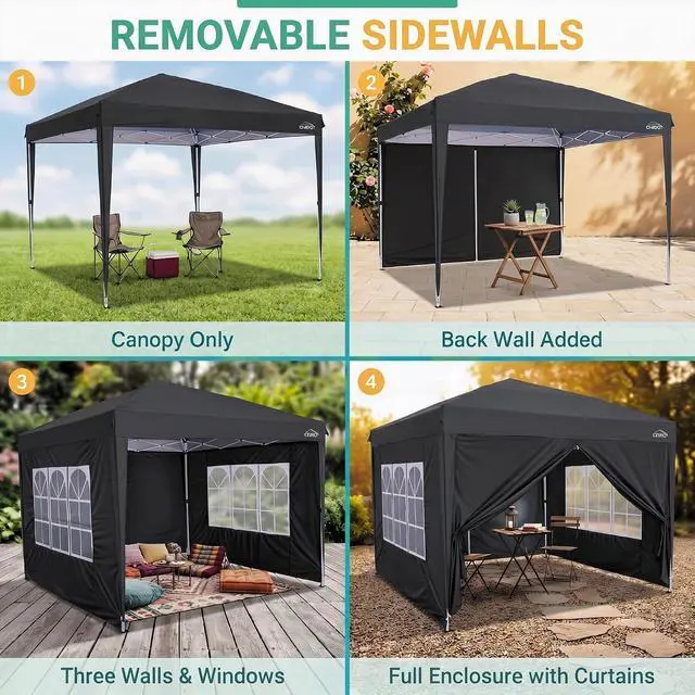 Alt view image 7 of 7 - 10x10 Pop up Canopy Tent, 10 by 10 Easy Setup Pop up Gazebo with 4 Sidewalls & Center Lock, Small Portable Instant Waterproof Outdoor Tent Canopy for Patio Backyard Vendor Event Sports (Black)