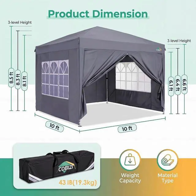 Alt view image 2 of 7 - 10x10 Pop up Canopy Tent, 10 by 10 Easy Setup Pop up Gazebo with 4 Sidewalls & Center Lock, Small Portable Instant Waterproof Outdoor Tent Canopy for Patio Backyard Vendor Event Sports (Gray)