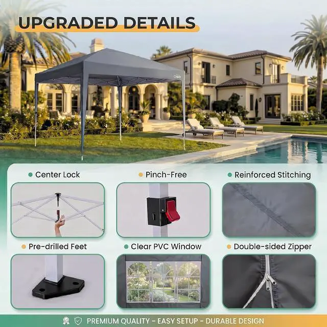 Alt view image 6 of 7 - 10x10 Pop up Canopy Tent, 10 by 10 Easy Setup Pop up Gazebo with 4 Sidewalls & Center Lock, Small Portable Instant Waterproof Outdoor Tent Canopy for Patio Backyard Vendor Event Sports (Gray)