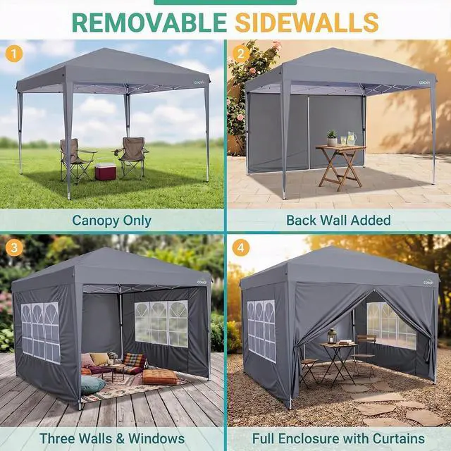 Alt view image 7 of 7 - 10x10 Pop up Canopy Tent, 10 by 10 Easy Setup Pop up Gazebo with 4 Sidewalls & Center Lock, Small Portable Instant Waterproof Outdoor Tent Canopy for Patio Backyard Vendor Event Sports (Gray)