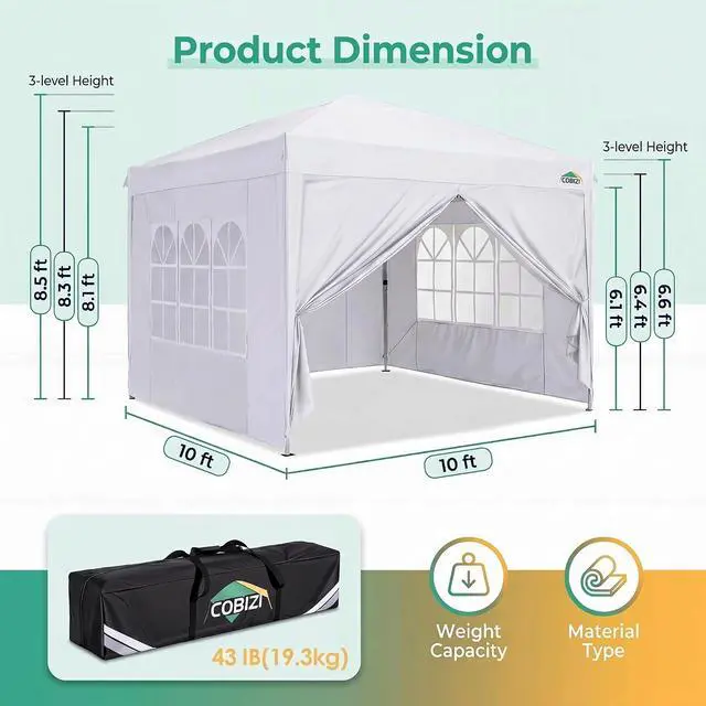 Alt view image 2 of 7 - 10x10 Pop up Canopy Tent, 10 by 10 Easy Setup Pop up Gazebo with 4 Sidewalls & Center Lock, Small Portable Instant Waterproof Outdoor Tent Canopy for Patio Backyard Vendor Event Sports (White)