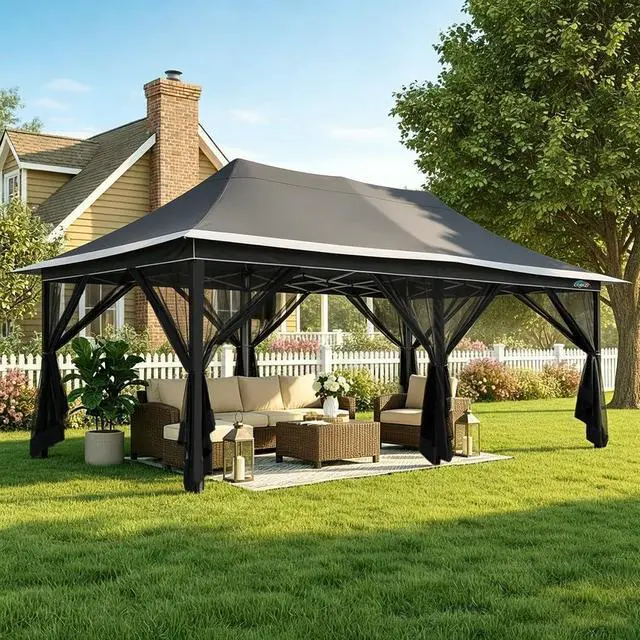 Main image of 12x20 Pop Up Gazebo on Clearance with Mosquito Netting, Dark Gray