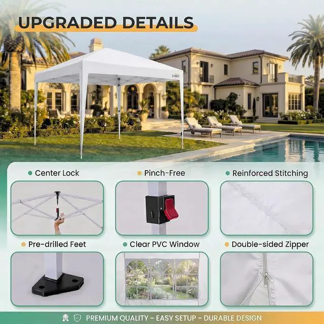 Alt view image 6 of 7 - 10x10 Pop up Canopy Tent, 10 by 10 Easy Setup Pop up Gazebo with 4 Sidewalls & Center Lock, Small Portable Instant Waterproof Outdoor Tent Canopy for Patio Backyard Vendor Event Sports (White)